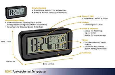 TFA Dostmann 60.2554.01 Wekker Zendergestuurd Zwart Alarmtijden 2 Groot display
