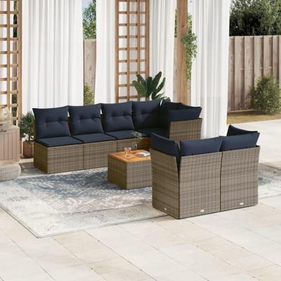 8-delige Loungeset met kussens poly rattan grijs