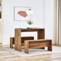 3-delige Eettafel en bankenset bewerkt hout artisanaal eiken - thumbnail