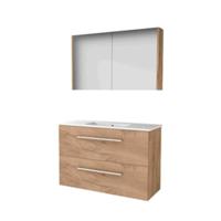 Basic-Line Comfort 39 Badkamermeubelset - Ondiep - 100 x 39 cm - Met Grepen - 2 Lades - Keramische Wastafel - 1 Kraangat - Spiegelkast - Whisky Oak - thumbnail