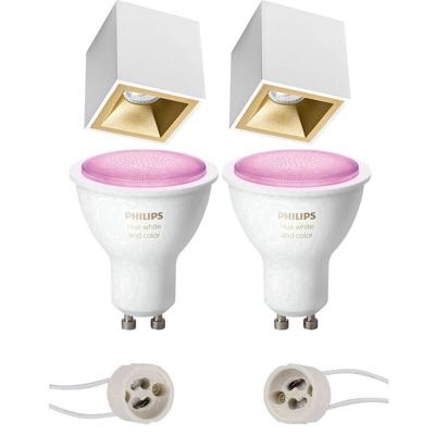 Pragmi Cliron Pro - Opbouw Vierkant - Mat Wit/Goud - Verdiept - 90mm - Philips Hue - Opbouwspot Set GU10 - White and Color Ambiance - Bluetooth