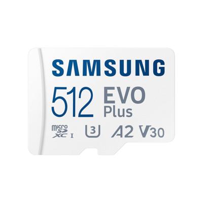 Samsung EVO Plus microSD-kaart Retail 512 GB UHS-I, v30 Video Speed Class, A2 Application Performance Class Incl. SD-adapter Samsung EVO Plus microSD-kaart Retail 512 GB UHS-I, v30 Video Speed Class, A2 Application Performance Class Incl. SD-adapter
