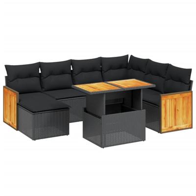8-delige Loungeset met kussens poly rattan zwart