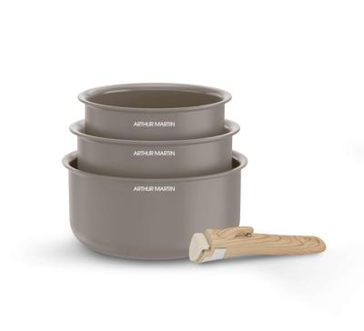 Set van 3 steelpannen - Geschikt voor alle kookplaten inclusief inductie - ARTHUR MARTIN - AM1122 - Keramiek - Ø 16-18-20 cm + afneembare handgreep - Taupe Set van 3 steelpannen - Geschikt voor alle kookplaten inclusief inductie - ARTHUR MARTIN - AM1122 - Keramiek - Ø 16-18-20 cm + afneembare handgreep - Taupe