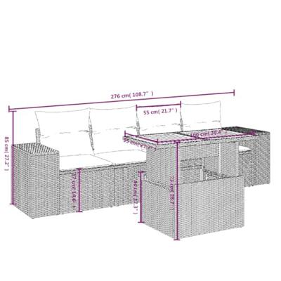5-delige Loungeset met kussens poly rattan zwart
