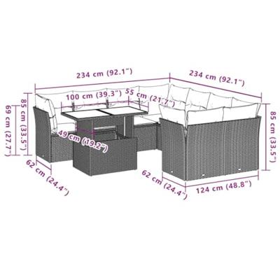 9-delige Loungeset met kussens poly rattan beige