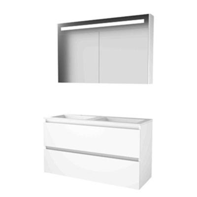 Basic-Line Premium 46 Badkamermeubelset - 120 x 46 cm - Greeploos - 2 Lades - Acryl Wastafel - 2 Kraangaten - Spiegelkast met LED Verlichting - Ice White