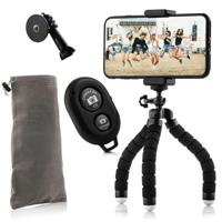 Flexibel mini-statief met schuimrubber poten KIT: incl. telefoonhouder, bluetooth remote, GoPro-adapter & opbergzakje - thumbnail