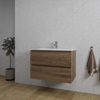 Adema Chaci Badkamermeubelset - 80x46x57cm - 1 ovale keramische wasbak wit - 1 kraangat - 2 lades - noten (hout) SW1212764/SW718717 - thumbnail