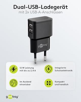 USB-A-adapter - USB-A-lader - 2 poorts - 2400mA - 12W - Zwart