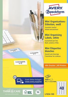 Etiket Avery L7654-100 45.7x25.4mm wit 4000 etiketten Etiket Avery L7654-100 45.7x25.4mm wit 4000 etiketten