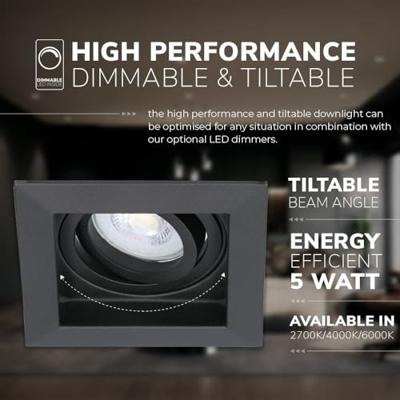Set van 6 Durham vierkante LED inbouwspots - 4 Watt 345 lumen - 2700k warm wit - GU10 - Dimbaar Kantelbaar - Voor binnen - Zwart Set van 6 Durham vierkante LED inbouwspots - 4 Watt 345 lumen - 2700k warm wit - GU10 - Dimbaar Kantelbaar - Voor binnen - Zwart