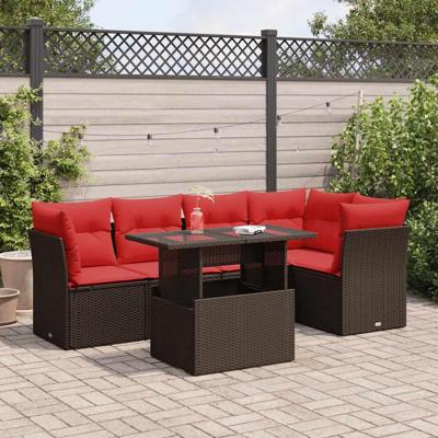 6-delige Loungeset met kussens poly rattan acacia bruin