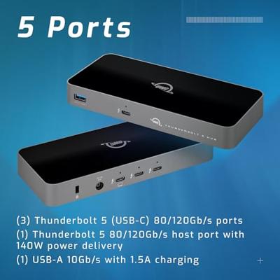 OWC Thunderbolt 5 Hub, 3 x Thunderbolt 5 poorten, USB-A-poort, tot 80/120 Gb/s, tot 3 8k beeldschermen, 140 W voeding en opladen, compatibel met Mac & PC, Thunderbolt 5/4/3, USB4 en USB-C
