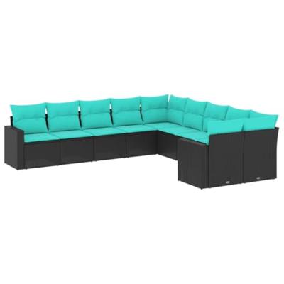 10-delige Loungeset met kussens poly rattan zwart