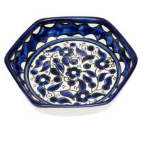 Blauwe Zeshoekige Fair-Trade Schaal met Bloemen - thumbnail