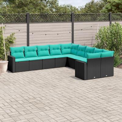 10-delige Loungeset met kussens poly rattan zwart