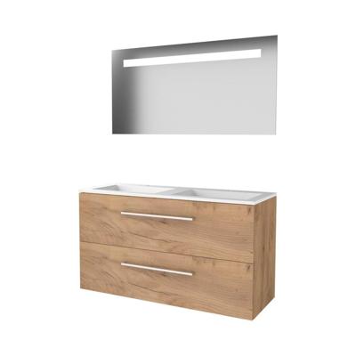 Basic-Line Economic 46 Badkamermeubelset - 120 x 46 cm - Met Grepen - 2 Lades - Acryl Wastafel - 2 Kraangaten - Spiegel met LED Verlichting - Whisky Oak