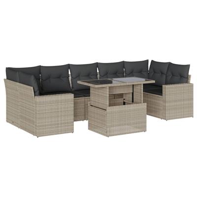 8-delige Loungeset met kussens poly rattan lichtgrijs