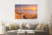 Schilderij - Duinen en strand bij zonsondergang Texel, 120x80cm , 3 luik , Wanddecoratie - thumbnail