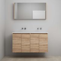 On-Line Badkamermeubelset - 120 cm - Bouwpakket - Greeploos 4 Deuren - Acryl Wastafel - zonder Kraangat - Spiegelkast - Eiken - thumbnail