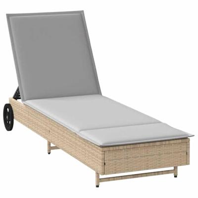 Ligbed met wielen en kussen poly rattan beige