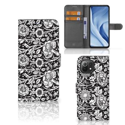 Xiaomi 11 Lite 5G NE | Mi 11 Lite Hoesje Black Flowers | Portemonnee hoesje Xiaomi 11 Lite 5G NE | Mi 11 Lite Hoesje Black Flowers | Portemonnee hoesje