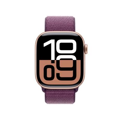 Apple Watch Series 10 (GPS 42 mm) Smartwatch - Kast van roségoudkleurig aluminium - Pruimenpaars geweven sportbandje. Conditie bijhouden, Ecg-app, always on Retina-display, CO₂-neutraal