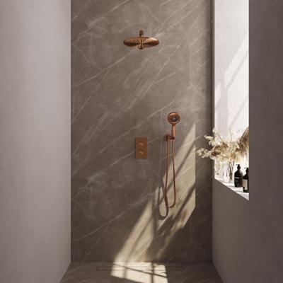 Regendoucheset Inbouw Brauer Copper Carving Thermostatisch 30 cm met 3-Weg Omstelling, Wandarm en 3-Standen Handdouche Geborsteld Koper Brauer