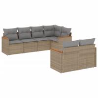 7-delige Loungeset met kussens poly rattan gemengd beige - thumbnail