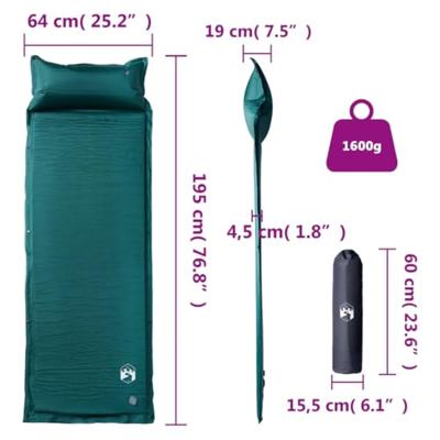 VidaXL Kampeermatras met kussen zelfopblazend 1-persoons groen VidaXL Kampeermatras met kussen zelfopblazend 1-persoons groen