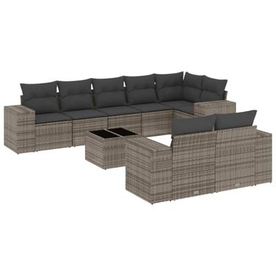 9-delige Loungeset met kussens poly rattan grijs