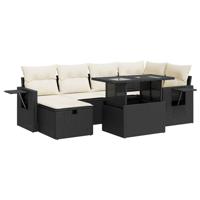 7-delige Loungeset met kussens poly rattan zwart - thumbnail
