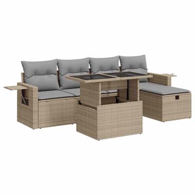6-delige Loungeset met kussens poly rattan beige