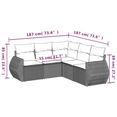 5-delige Loungeset met kussens poly rattan beige - thumbnail