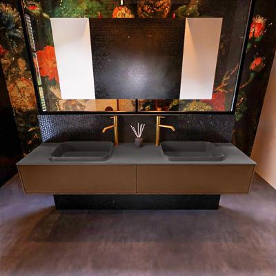 Badkamermeubelset Mondiaz Erin 200 cm met 2 Lades met RIDGE Wastafel Dubbel Dark grey met 2 kraangaten Greeploos Mat Rust