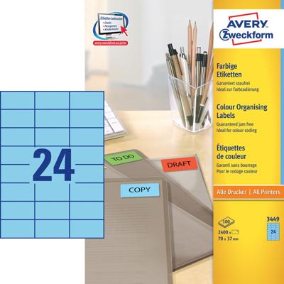 Avery-Zweckform 3449 Universele etiketten 70 x 37 mm Papier Blauw 2400 stuk(s) Permanent hechtend Inkjet, Laser (zwart/wit), Laser (kleur), Kopiëren (zwart/wit) Avery-Zweckform 3449 Universele etiketten 70 x 37 mm Papier Blauw 2400 stuk(s) Permanent hechtend Inkjet, Laser (zwart/wit), Laser (kleur), Kopiëren (zwart/wit)