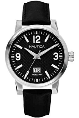 Nautica horlogeband A13557G Leder Zwart 22mm + zwart stiksel
