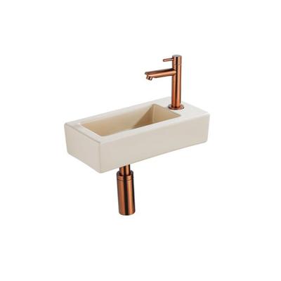 QeramiQ Fuente Fonteinset - 37.5x18.5x9cm - keramiek - kraangat rechts - fonteinkraan geborsteld koper - afvoerplug - verlaagd sifon - Mat Beige SW1122448/SW799405/SW799403/SW970033
