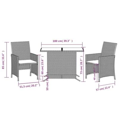 3-delige Bistroset met kussens poly rattan grijs 3-delige Bistroset met kussens poly rattan grijs