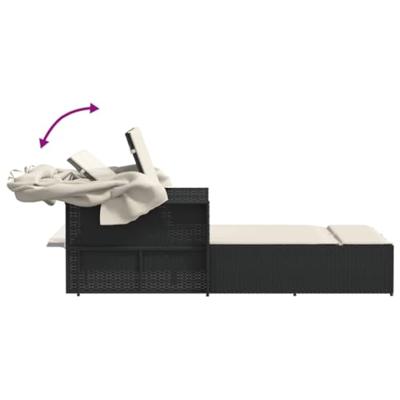 Ligbed 2-persoons met luifel en kussens poly rattan zwart