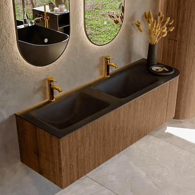 Mondiaz KURVE 145 cm Onderkast Greeploos 1 Lade Met Deuren Walnut, Wastafel Solid Surface Links Urban 2 Kraangaten Zonder Spiegel (KRVCLO145R1L1D2KD-Wal/Urb)