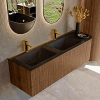 Mondiaz KURVE 145 cm Onderkast Greeploos 1 Lade Met Deuren Walnut, Wastafel Solid Surface Links Urban 2 Kraangaten Zonder Spiegel (KRVCLO145R1L1D2KD-Wal/Urb) - thumbnail