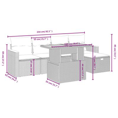 6-delige Loungeset met kussens poly rattan zwart