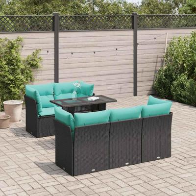 6-delige Loungeset met kussens poly rattan acacia zwart