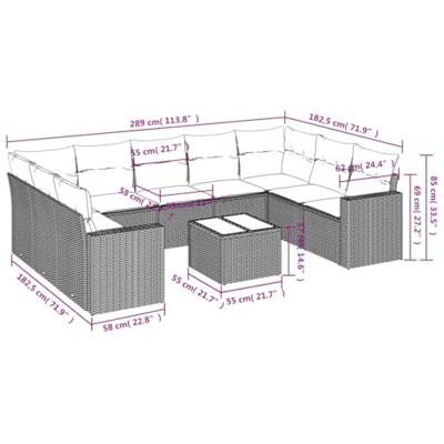 10-delige Loungeset met kussens poly rattan grijs