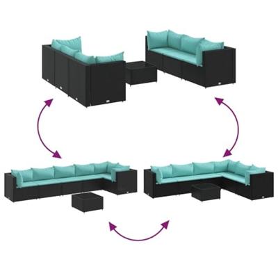 7-delige Loungeset met kussens poly rattan zwart