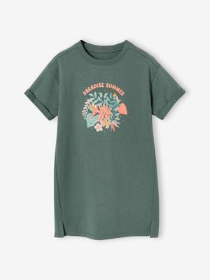 Meisjesjurk in lichte fleece met aangebracht motief groen