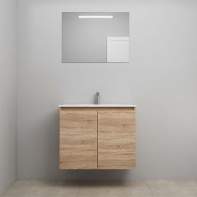 On-Line Badkamermeubelset - 80 cm - Bouwpakket - Greeploos 2 Deuren - Porseleinen Wastafel - 1 Kraangat - Spiegel met LED-Verlichting - Eiken