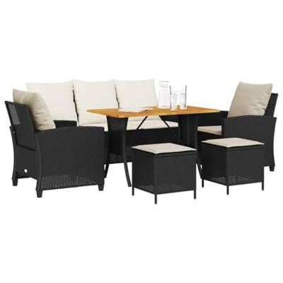 6-delige Loungeset met kussens poly rattan zwart